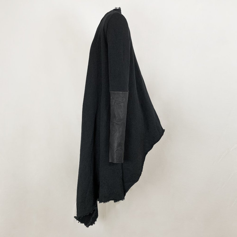 Ovate Cardigan Asymmetrical Sweater with Leather Sleeves